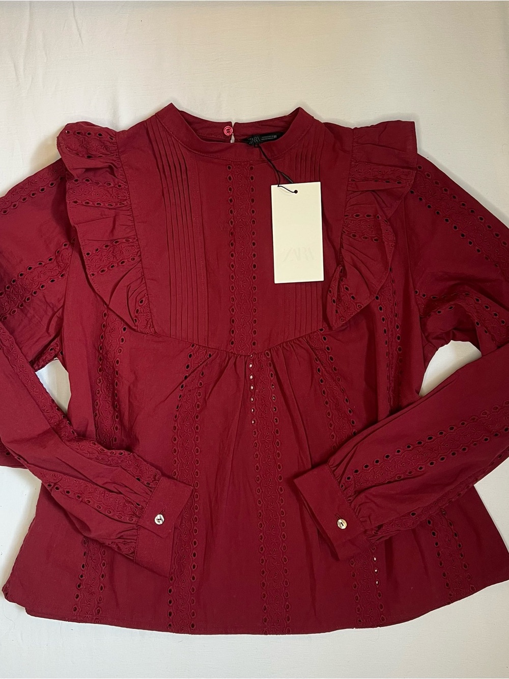 Zara Romantic Perforated Embroidered Blouse in Burgundy